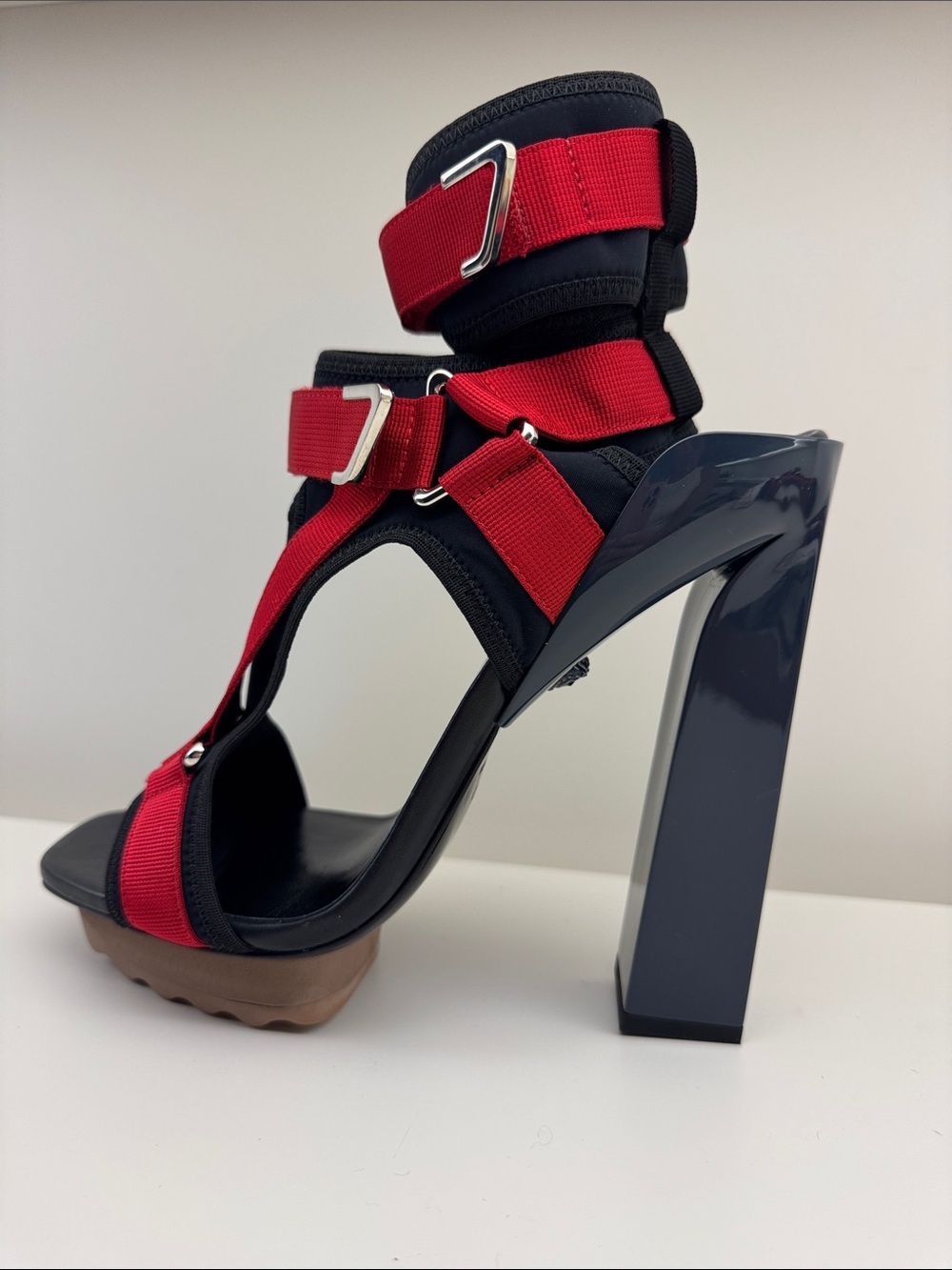 Versace Black/Red/Navy/Tan Strappy High-Heel Sandal with Glossy Black Block Heel